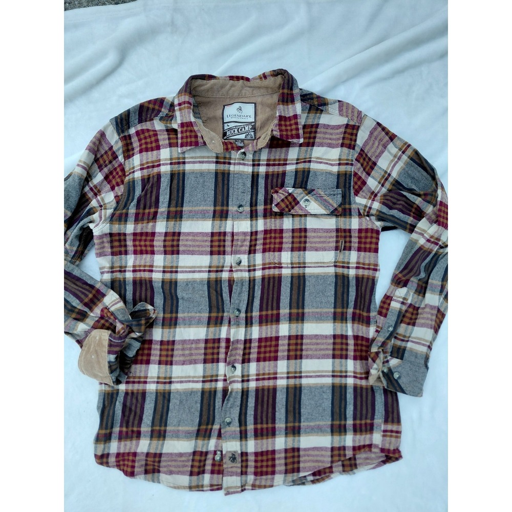 Legendary Whitetails Buck Camp Plaid Flannel Shirt Mens Large Burgundy Grey